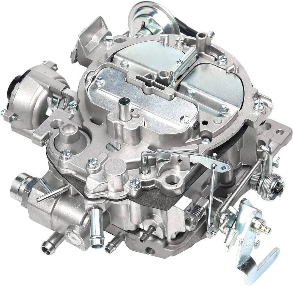 Close-up silver carburetor with linkage arms, mounting bolts, and metal housings