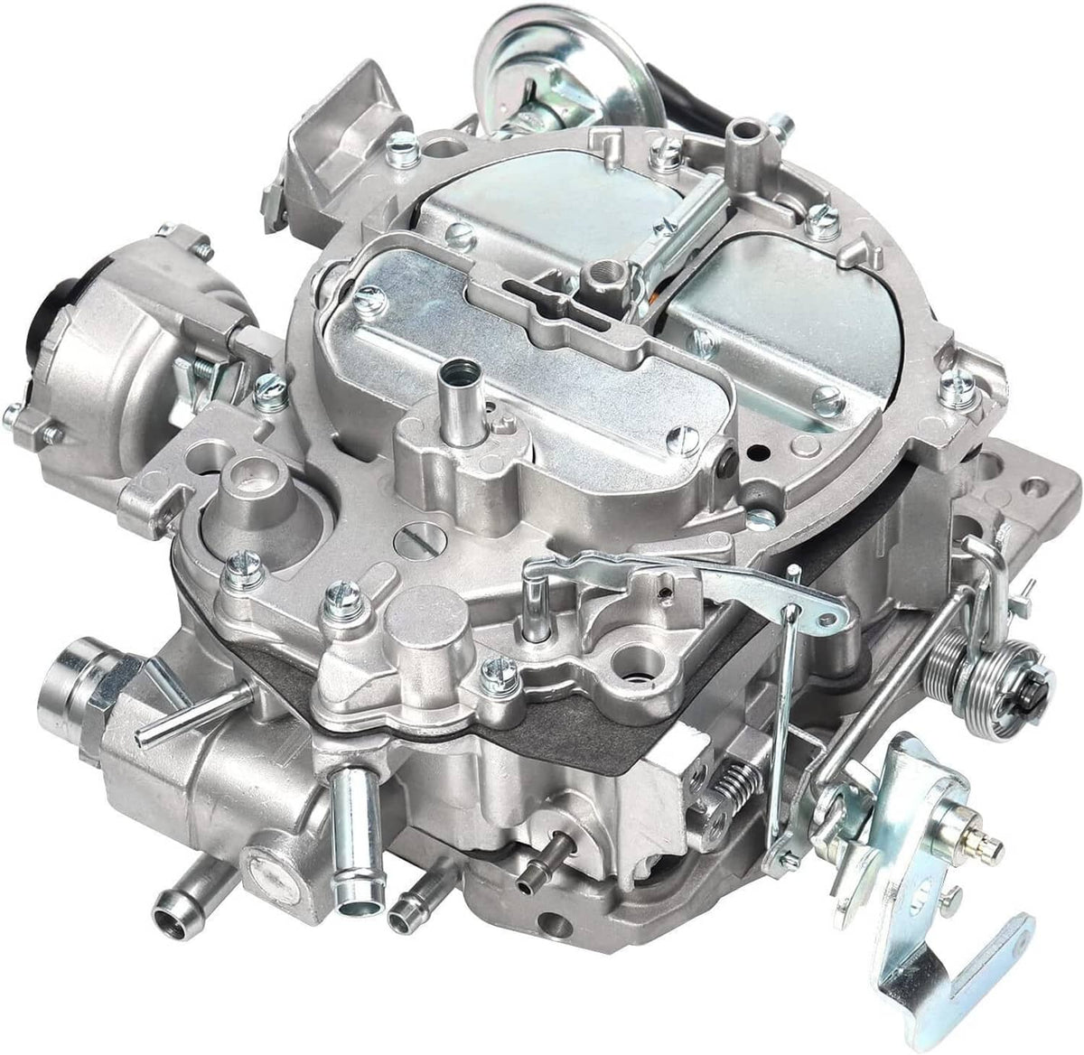 Close-up silver carburetor with linkage arms, mounting bolts, and metal housings