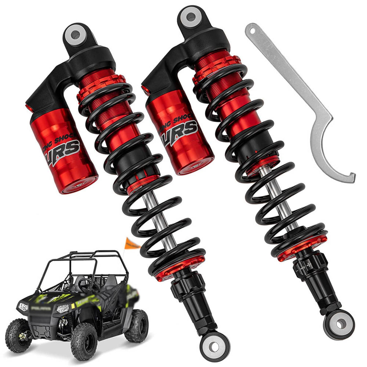 Two front coil-over shocks with red anodized reservoirs and black springs, plus wrench