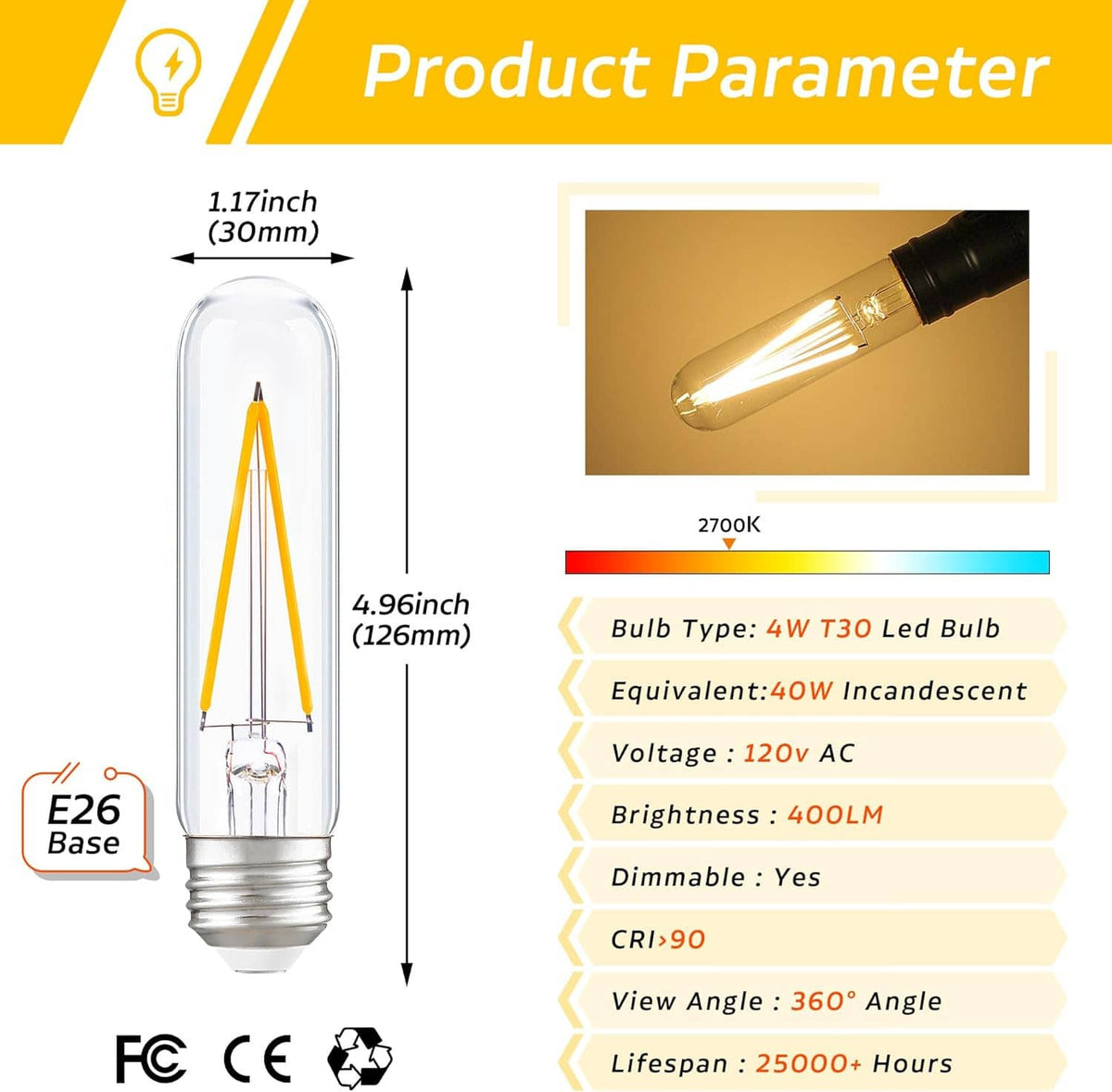Dimmable LED T30 tube bulb diagram with E26 base and clear glass tube