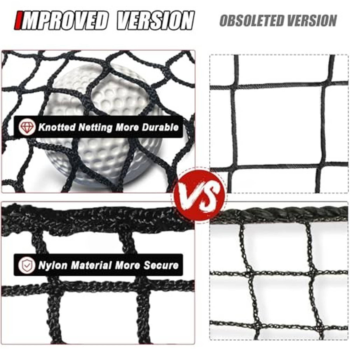 Comparison of black sports net knotting and nylon mesh with two panel views