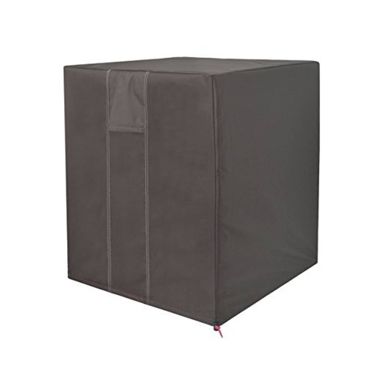 Brown outdoor air conditioner cover for central AC units, fitted cube with top flap.