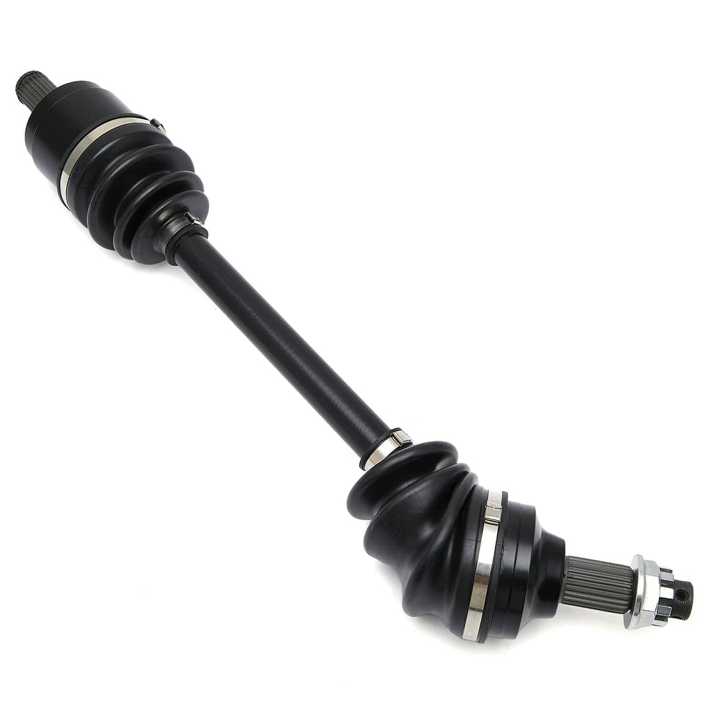 Rear CV axle drive shaft with black rubber boots and metal spline ends