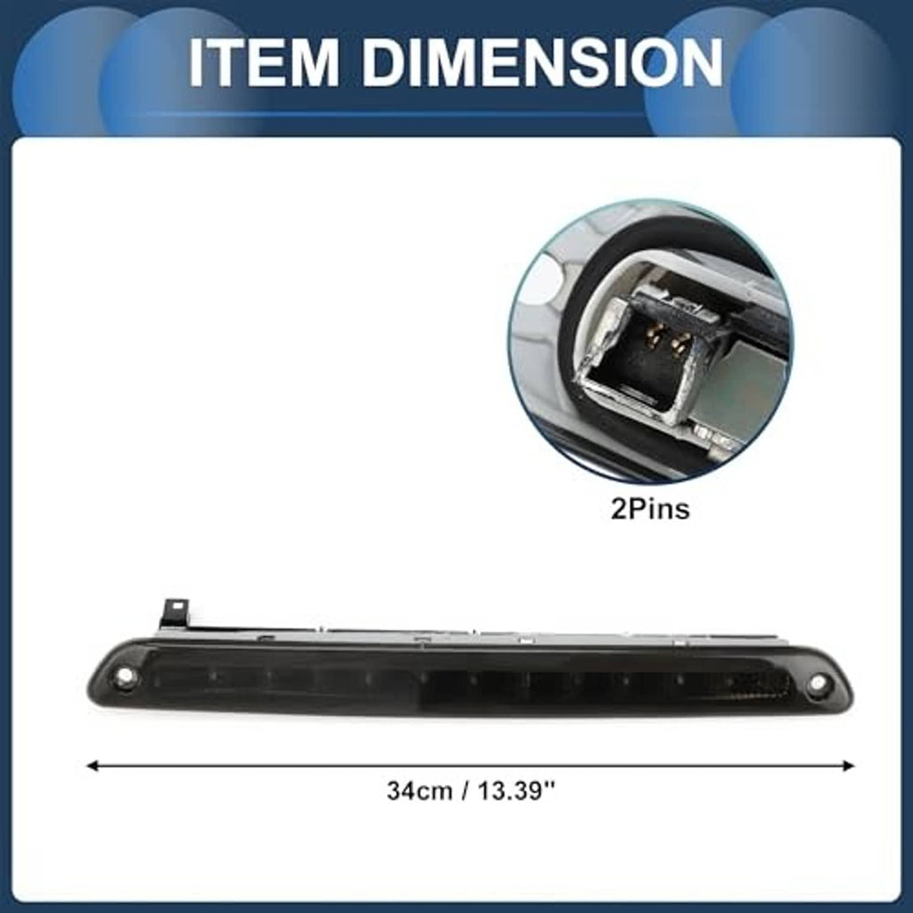 Black LED third brake light bar, 34cm length shown, with 2-pin connector detail