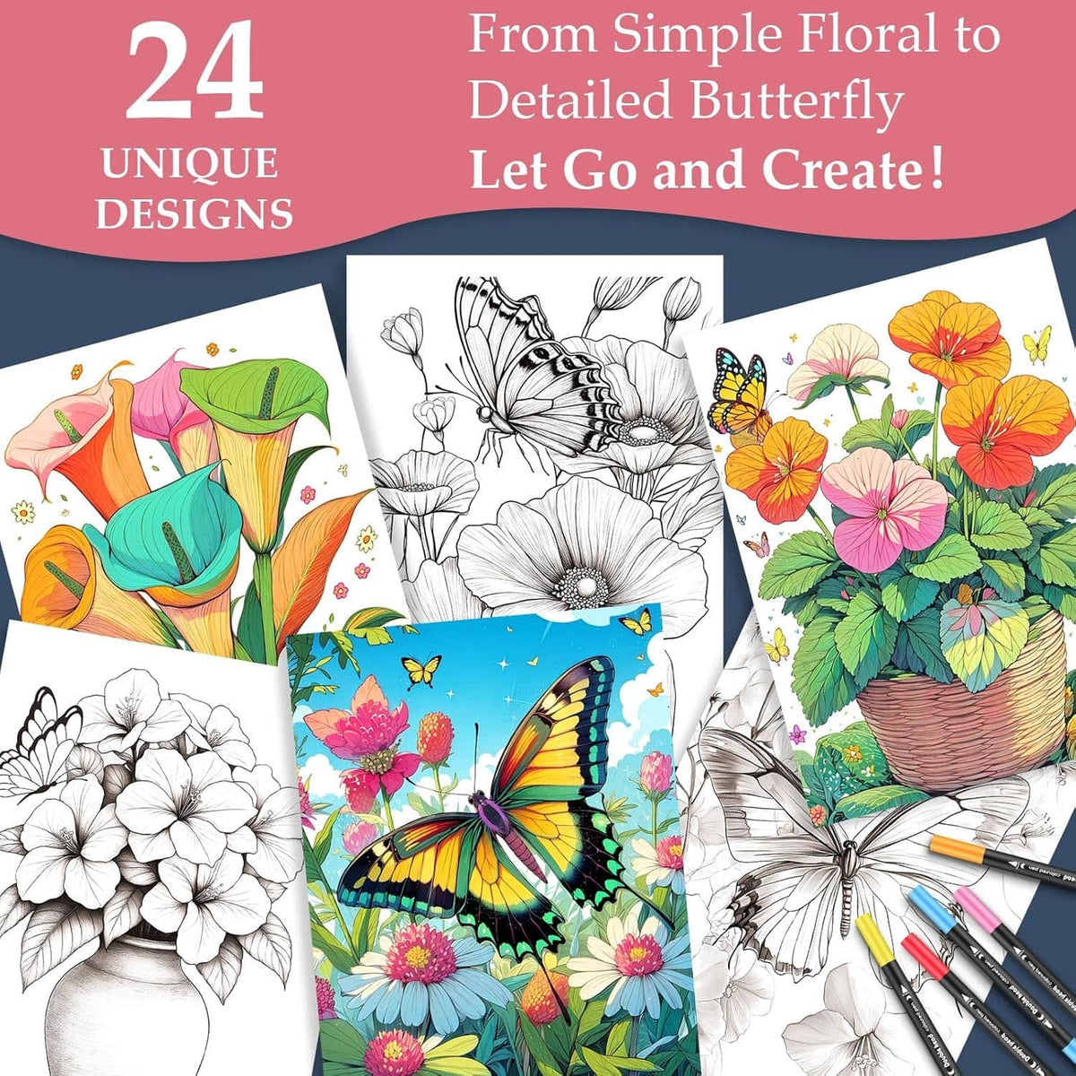 Adult coloring book with butterfly and floral designs, colored pages and line-art templates