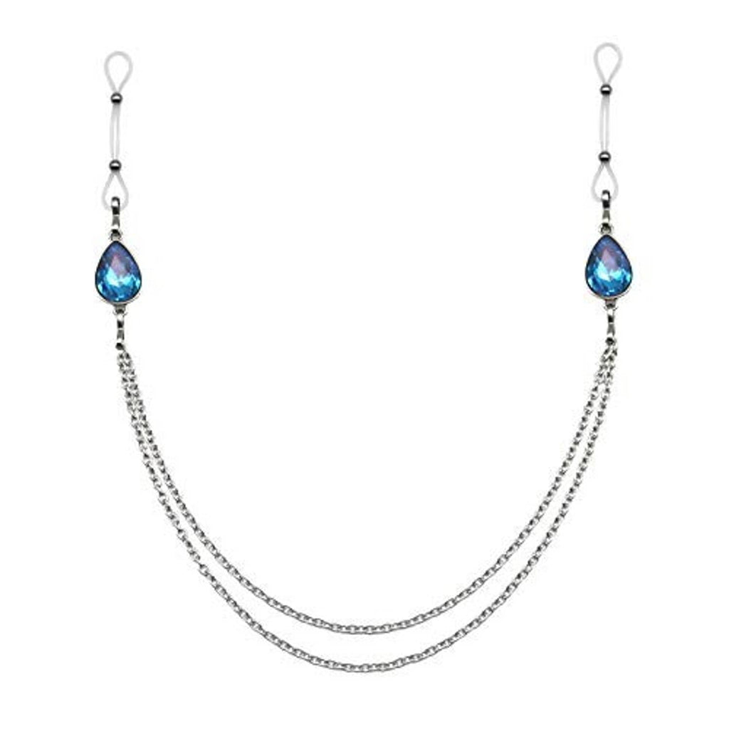 Non-piercing nipple rings with blue teardrop gems and silver-tone chains