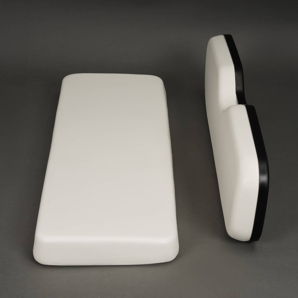 White seat bottom cushion and white backrest side support with black edge