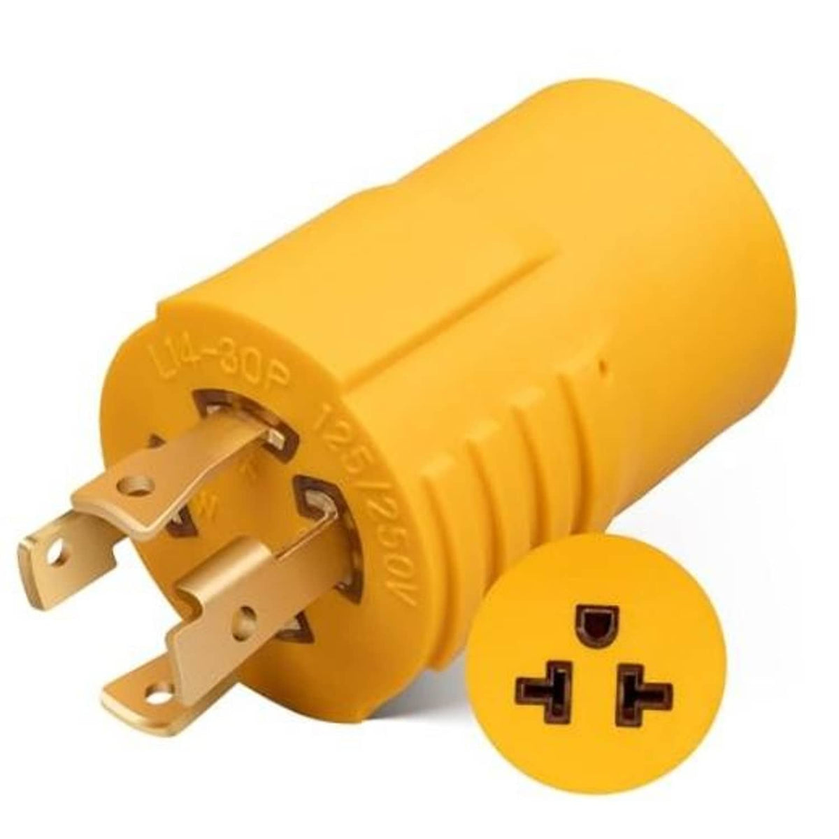 Yellow generator adapter plug with 4 prongs and 20A twist-lock style connector