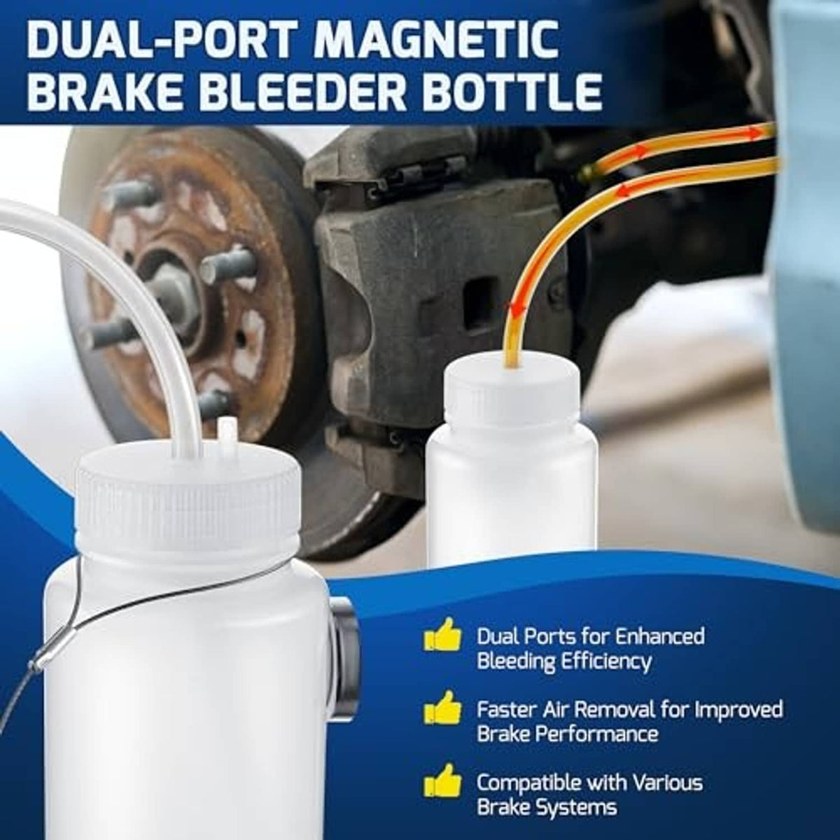 Dual-port brake bleeder bottle kit with two white reservoirs and hose connectors