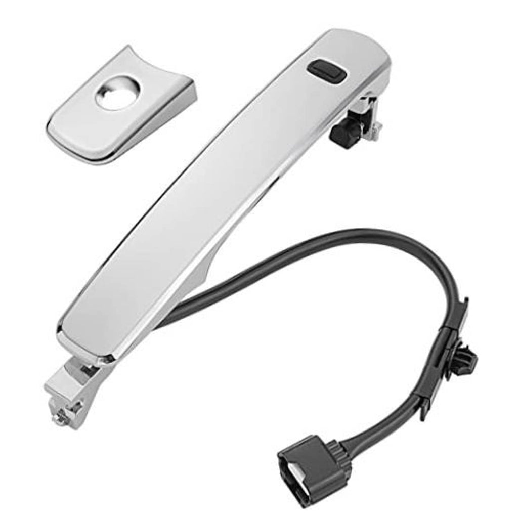 Chrome exterior door handle with mounting plate and wiring harness, front left