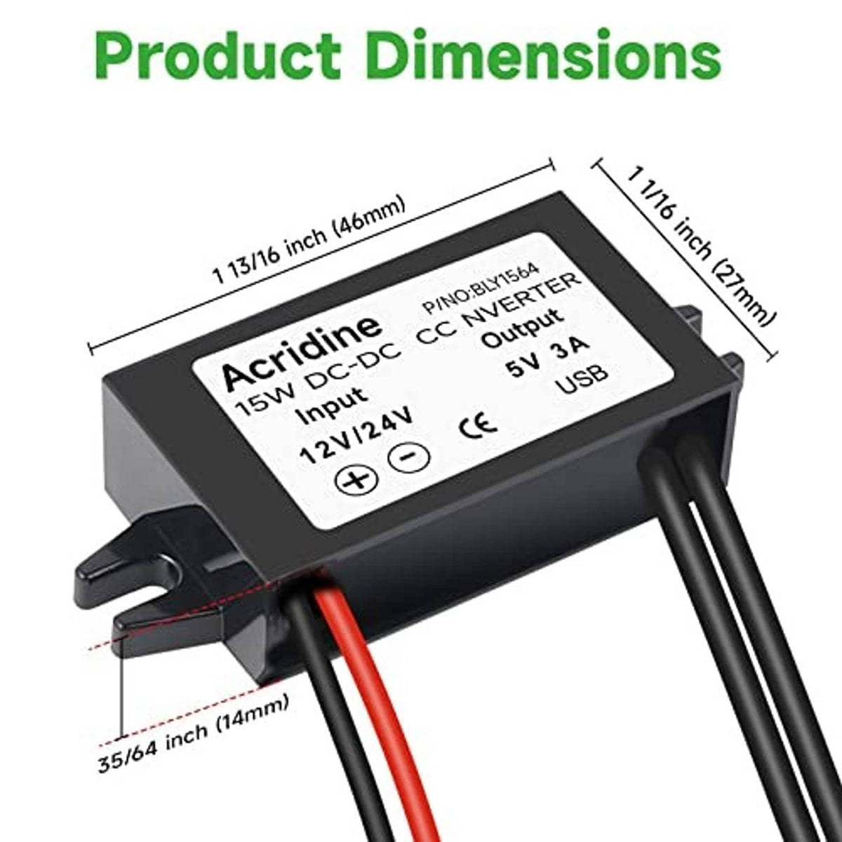 12V/24V to 5V USB DC converter module with dimensions and wire leads