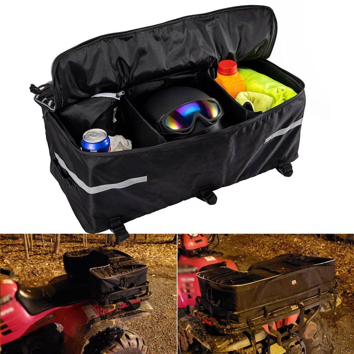 Black ATV rear rack storage bag with open top, elastic straps, and inner compartments