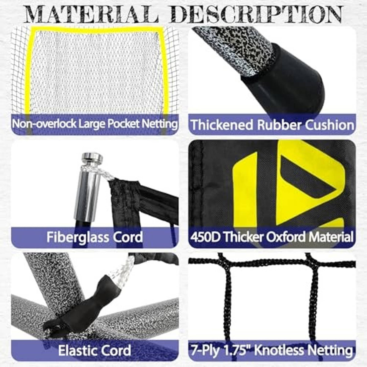 Baseball net materials close-up: reinforced pocket netting, rubber-cushion corners, cords