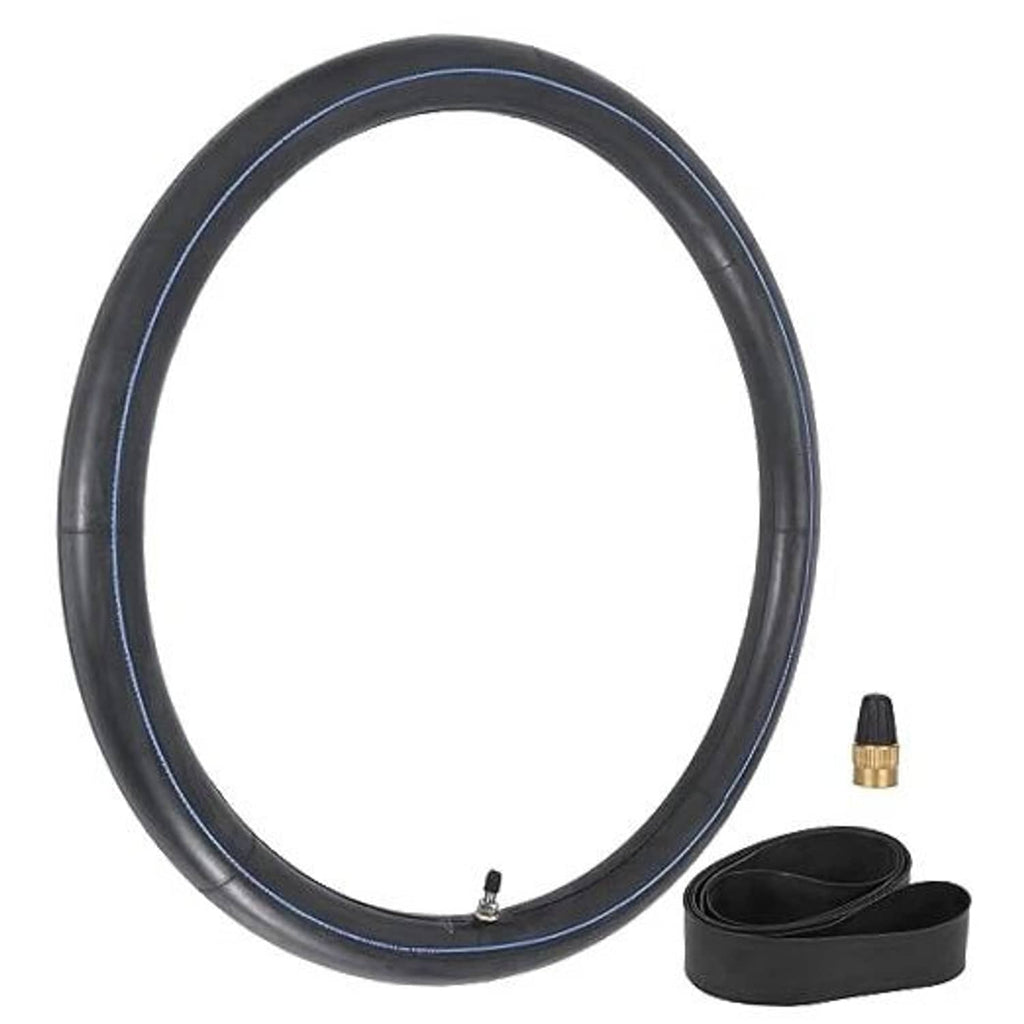 Black motorcycle inner tube with valve stem and cap, sized for 2.25/2.50-19 tires