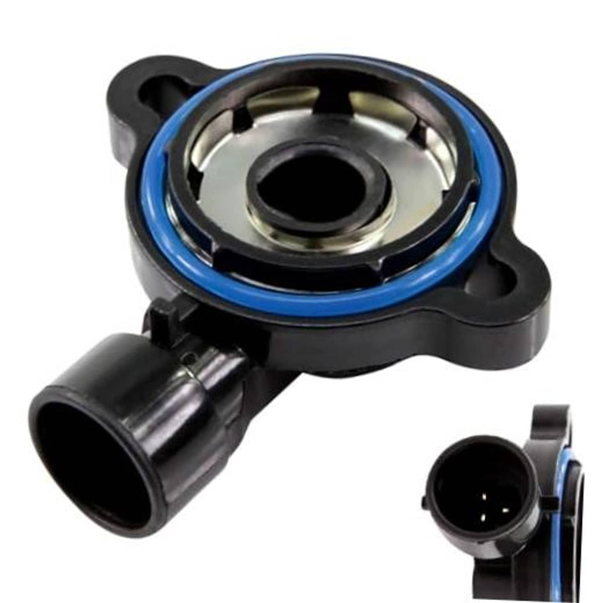 Throttle position sensor with black body, blue seal ring, and hose connector