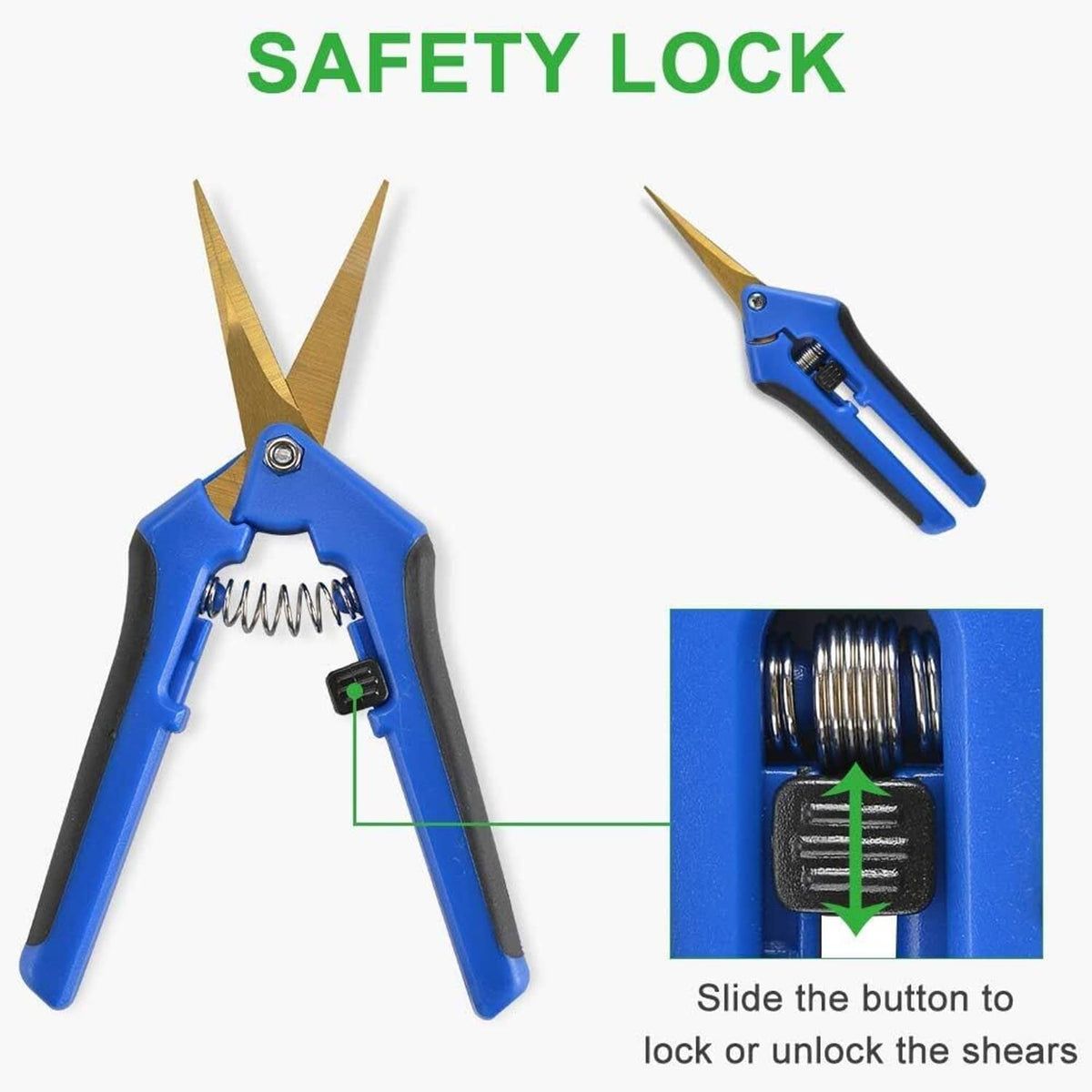 Blue pruning shears showing safety lock lever and golden blades