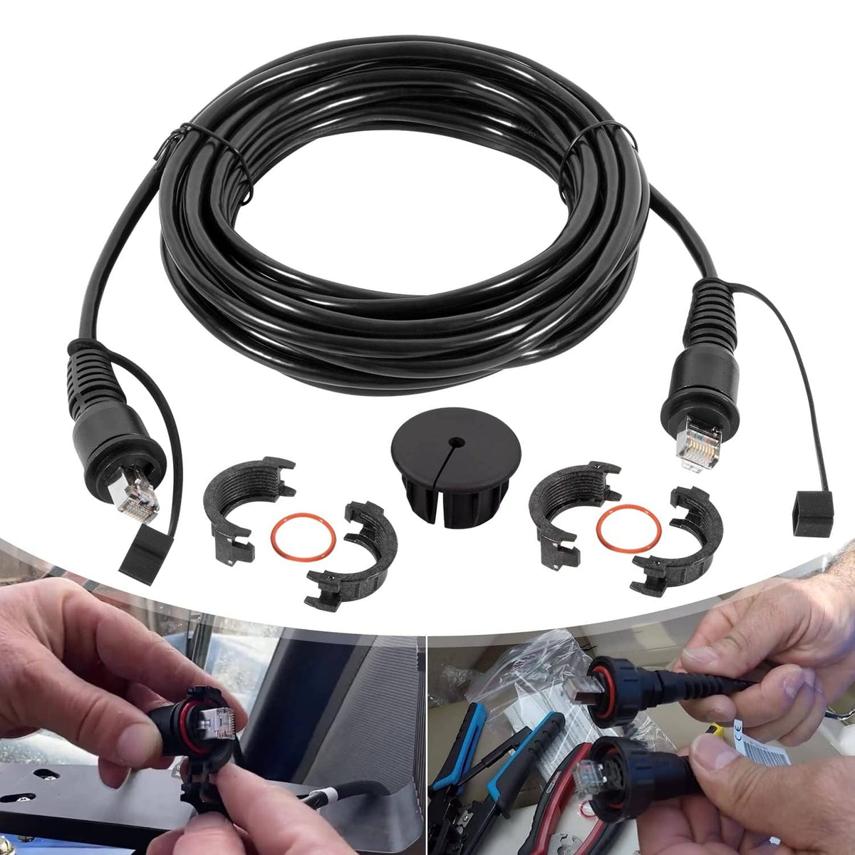 Marine network cable set with coiled cable, RJ45 connectors, and split connector parts