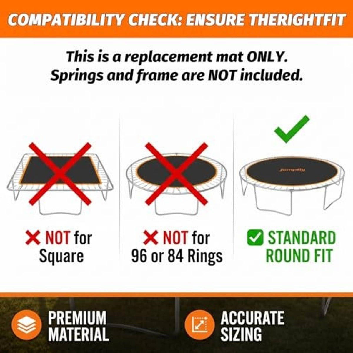 Trampoline replacement mat compatibility chart, round 14FT frame, black with orange edge