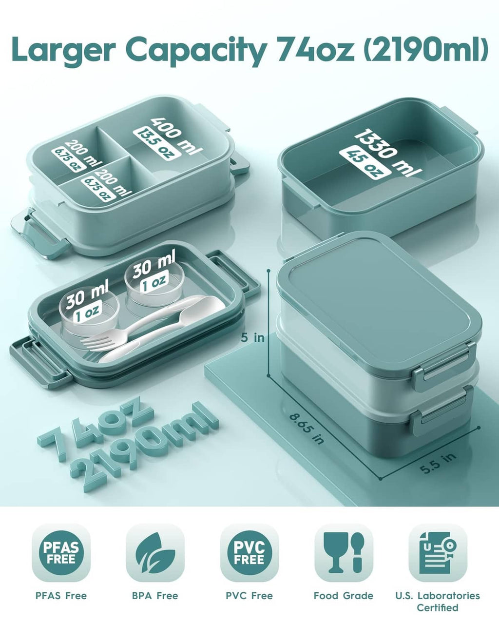 Mint green 74oz bento lunch box set with four containers and utensil tray