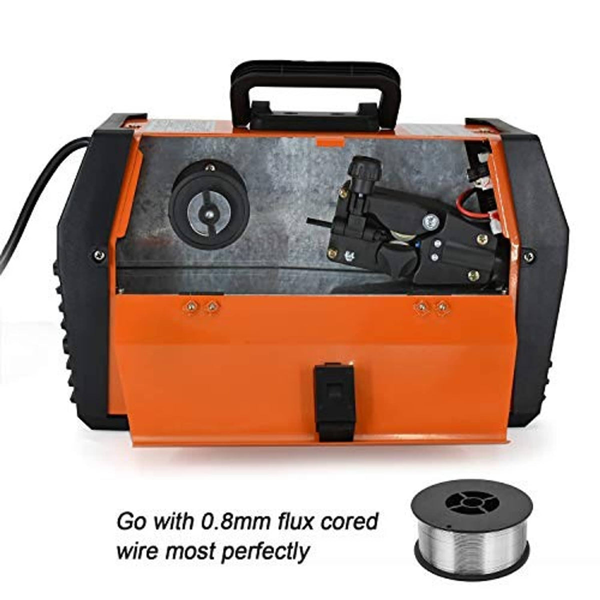 3-in-1 welder rear view with open interior, orange casing, and flux wire spool