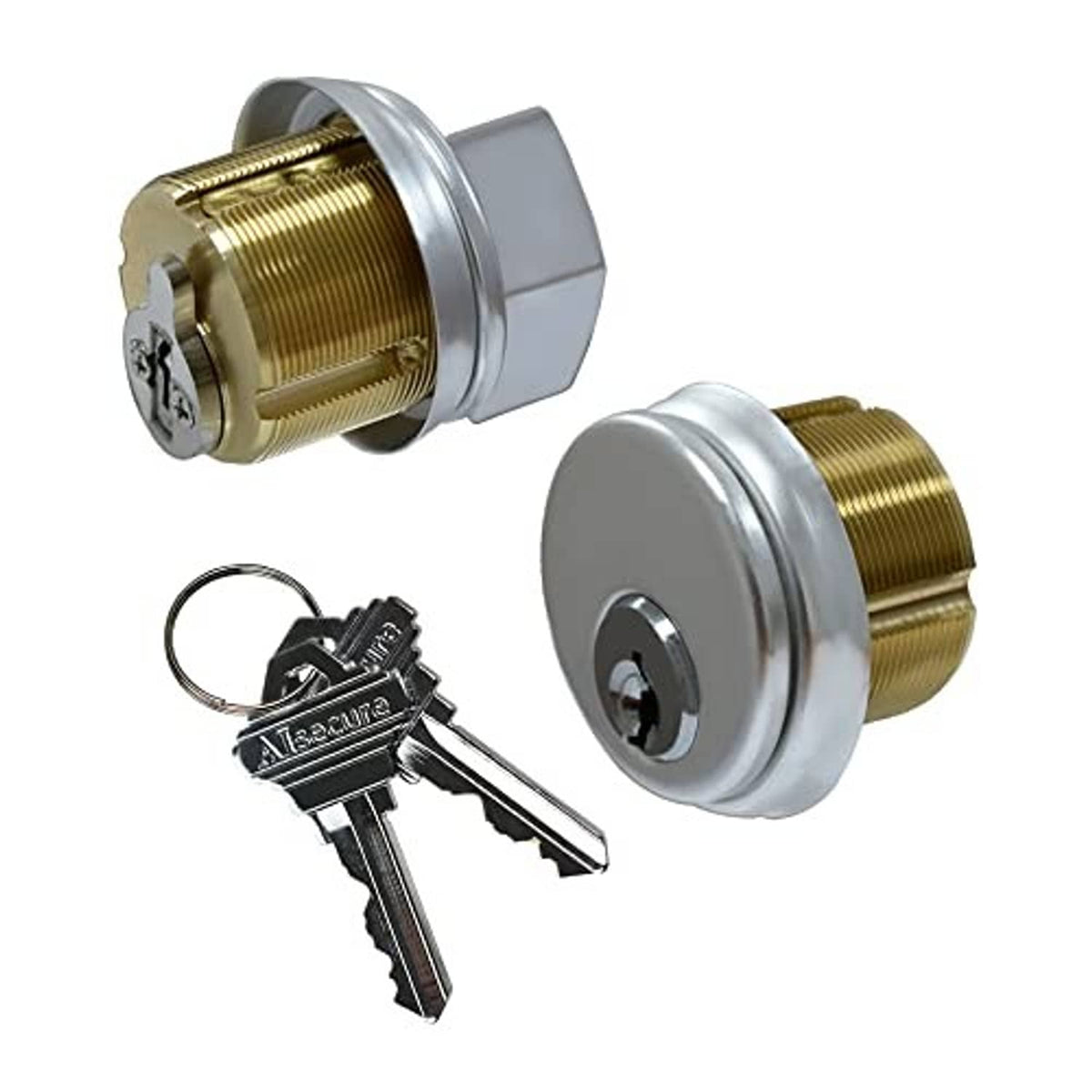 Brass mortise lock cylinder set with silver faceplate and thumbturn, plus keys