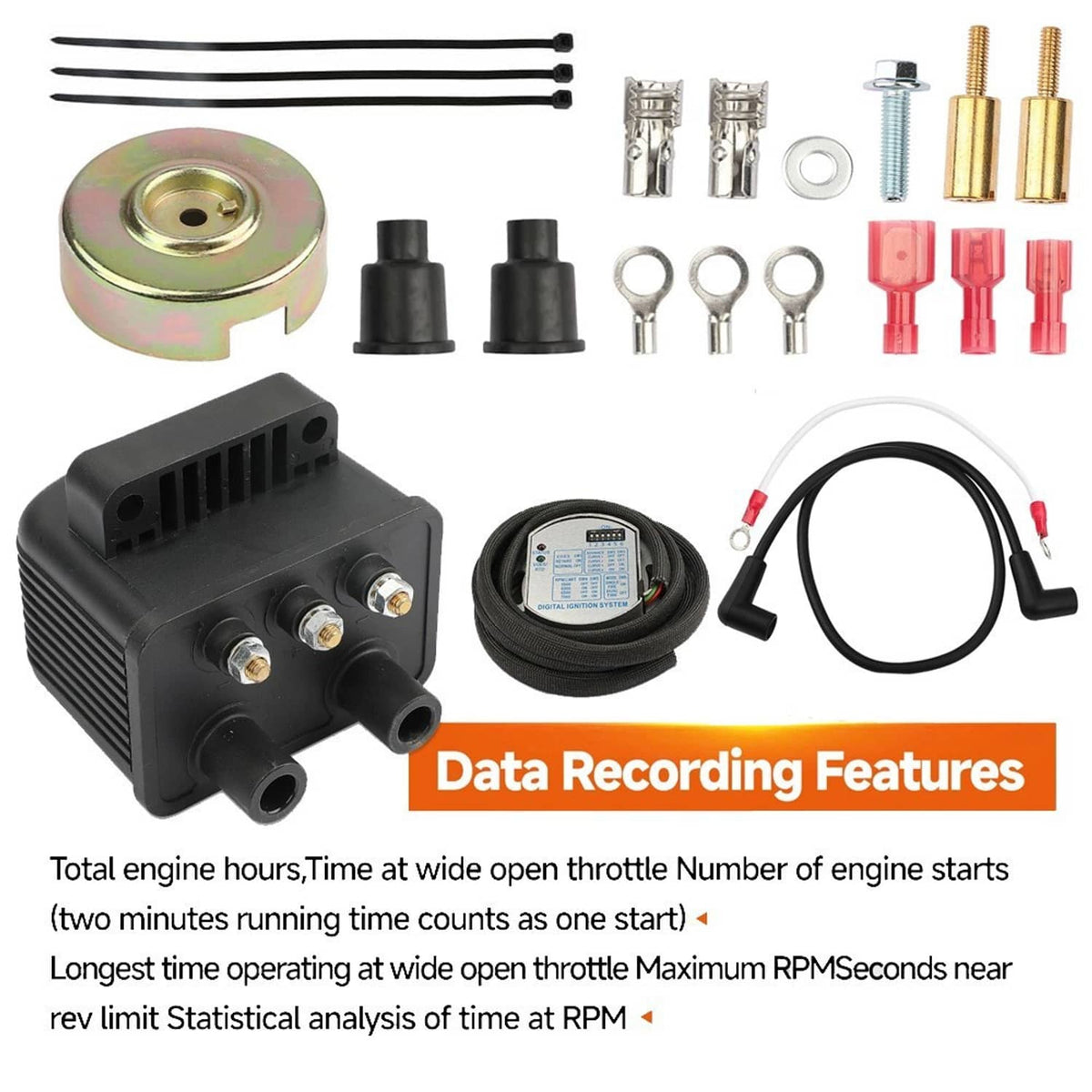 Programmable ignition kit module with digital controller, wiring harness, and mounting parts.