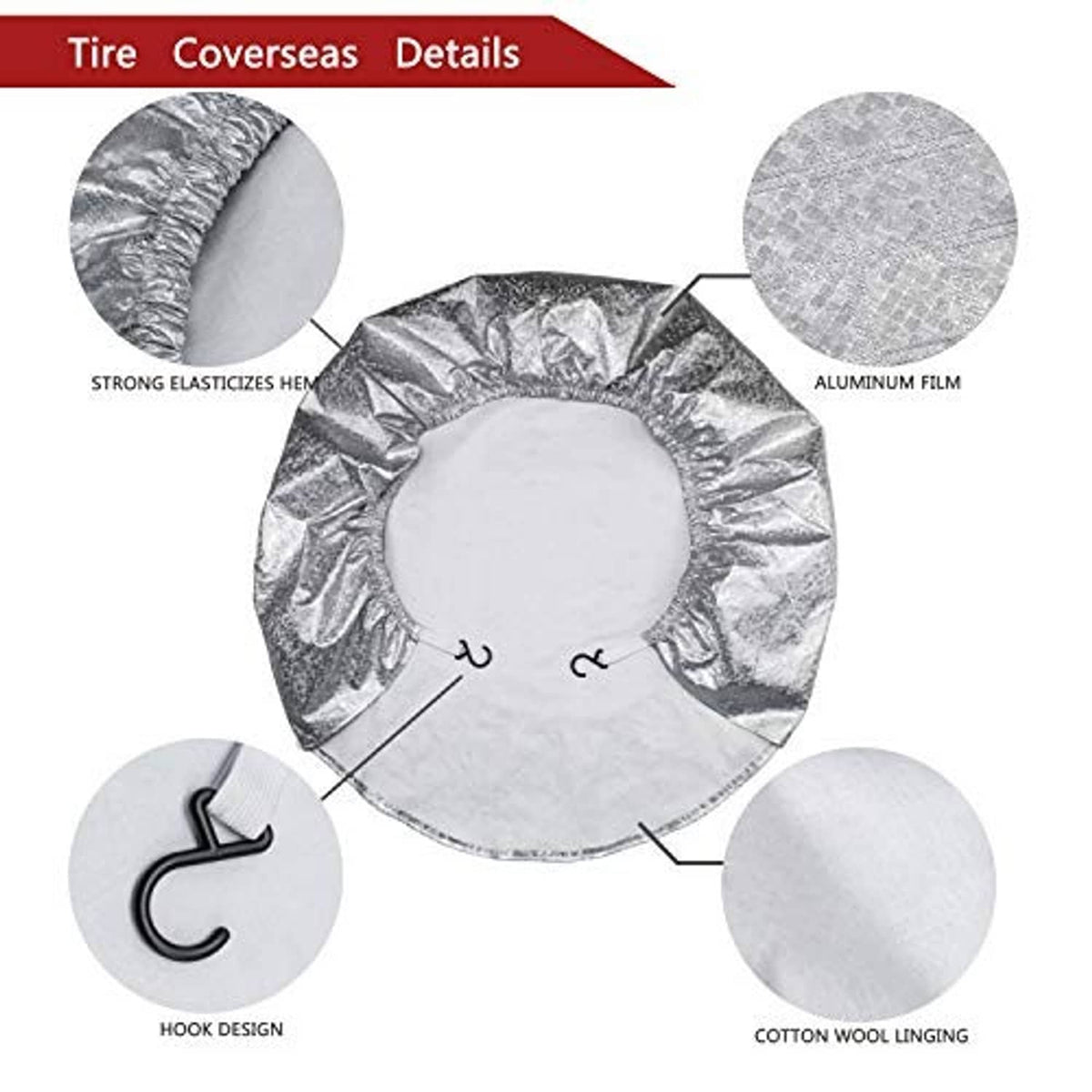 Silver tire cover with elastic rim, cotton lining, and hook strap design detail