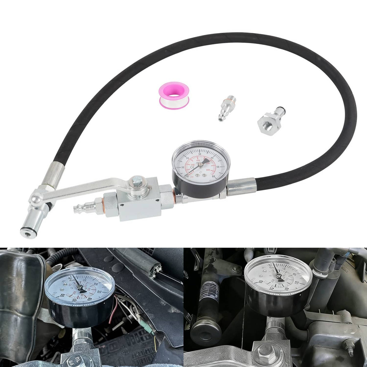 High pressure IPR air test tool with pressure gauge, hose, and valve assembly