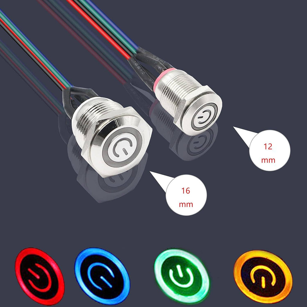 Round silver metal power button with multicolor wires and LED switch leads, close-up view