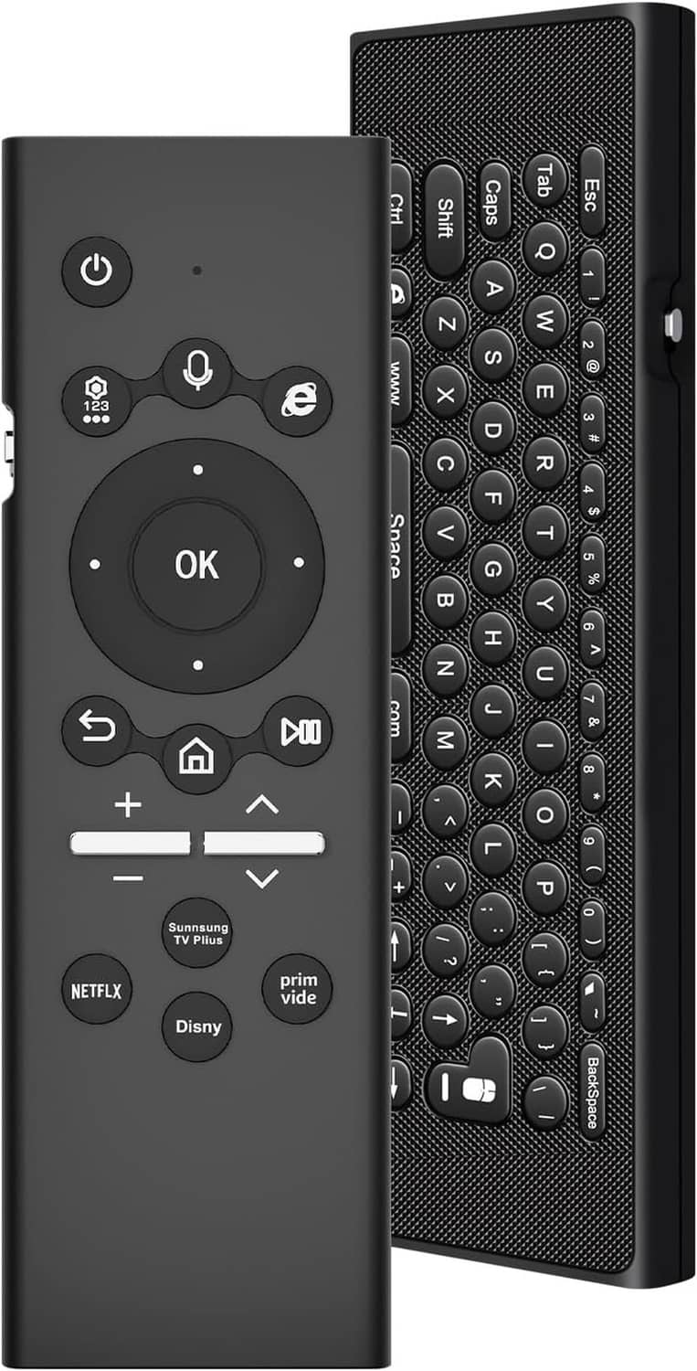 Black TV remote with circular OK navigation pad and media shortcut buttons