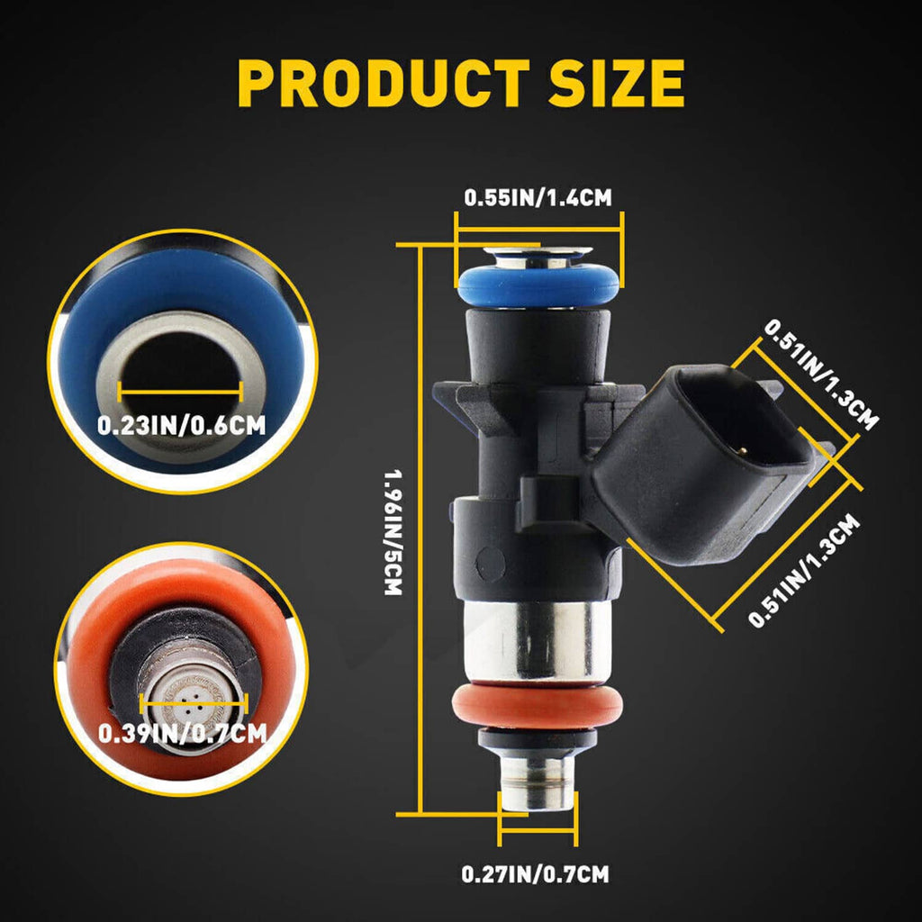 Fuel injector with black body, blue top, and red o-ring seal; includes size diagram