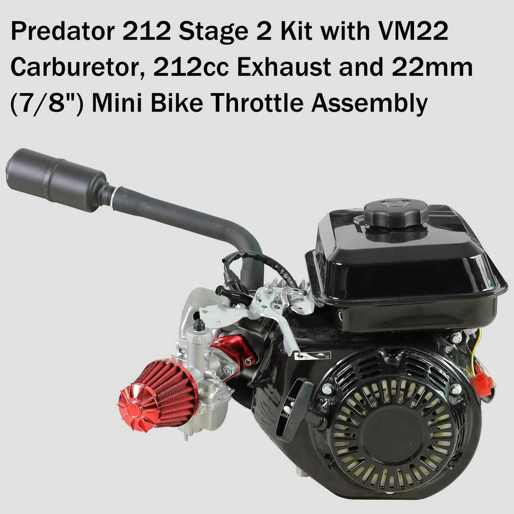 Black mini bike engine with VM22 carburetor and red air filter plus exhaust muffler