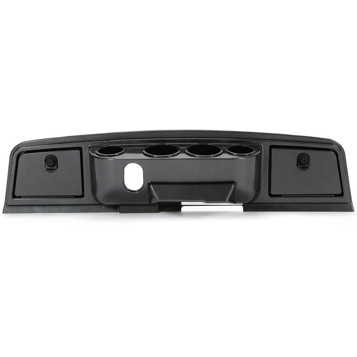 Carbon fiber dash cover with four cup holders and central mounting bracket cutout