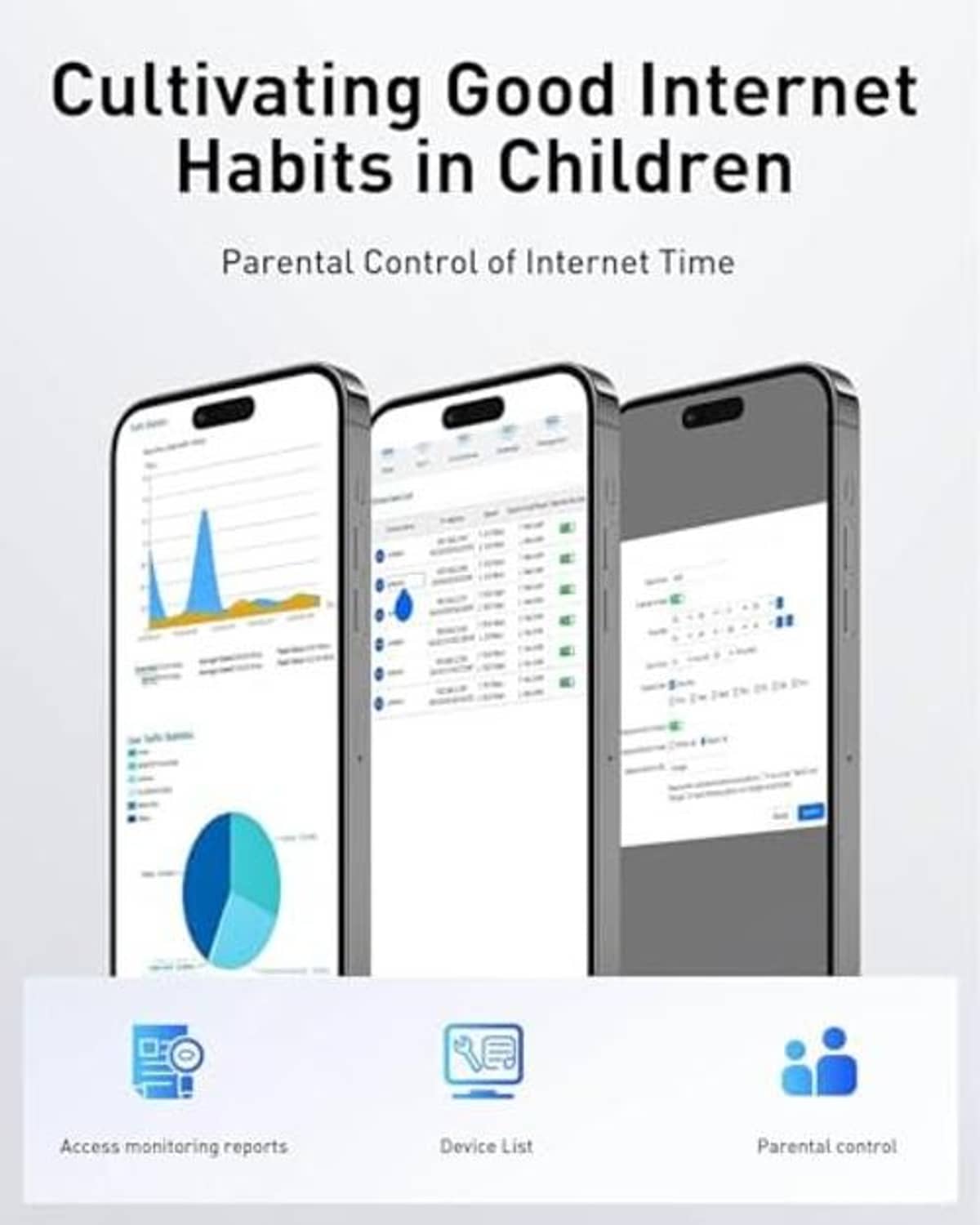 White WiFi router with four external antennas, shown with parental control app screens.