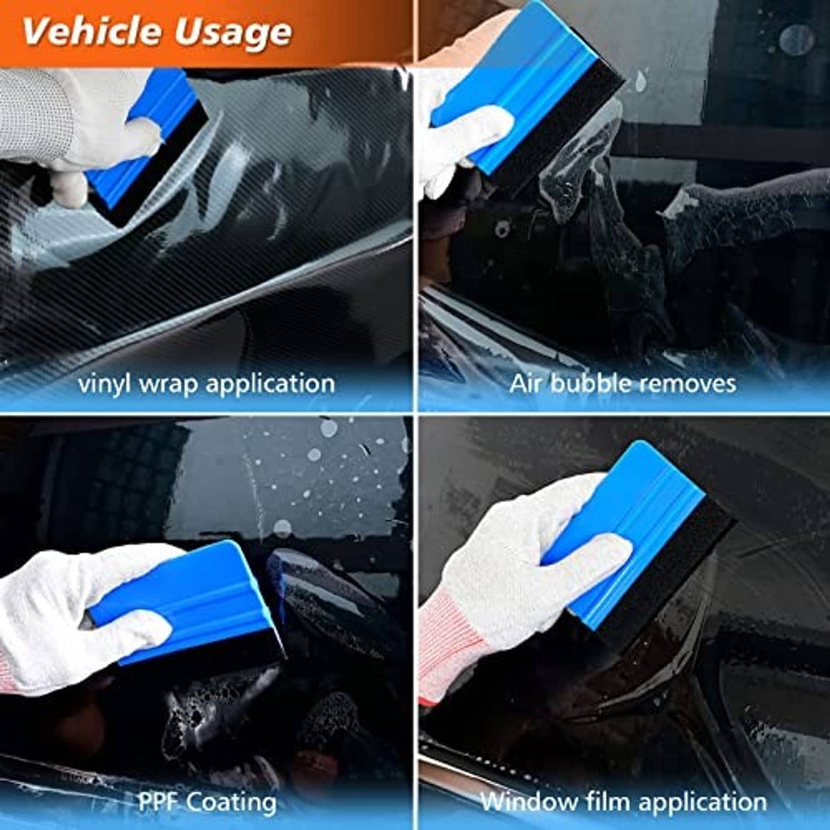 Blue felt squeegee smoothing vinyl wrap on vehicle glass surfaces