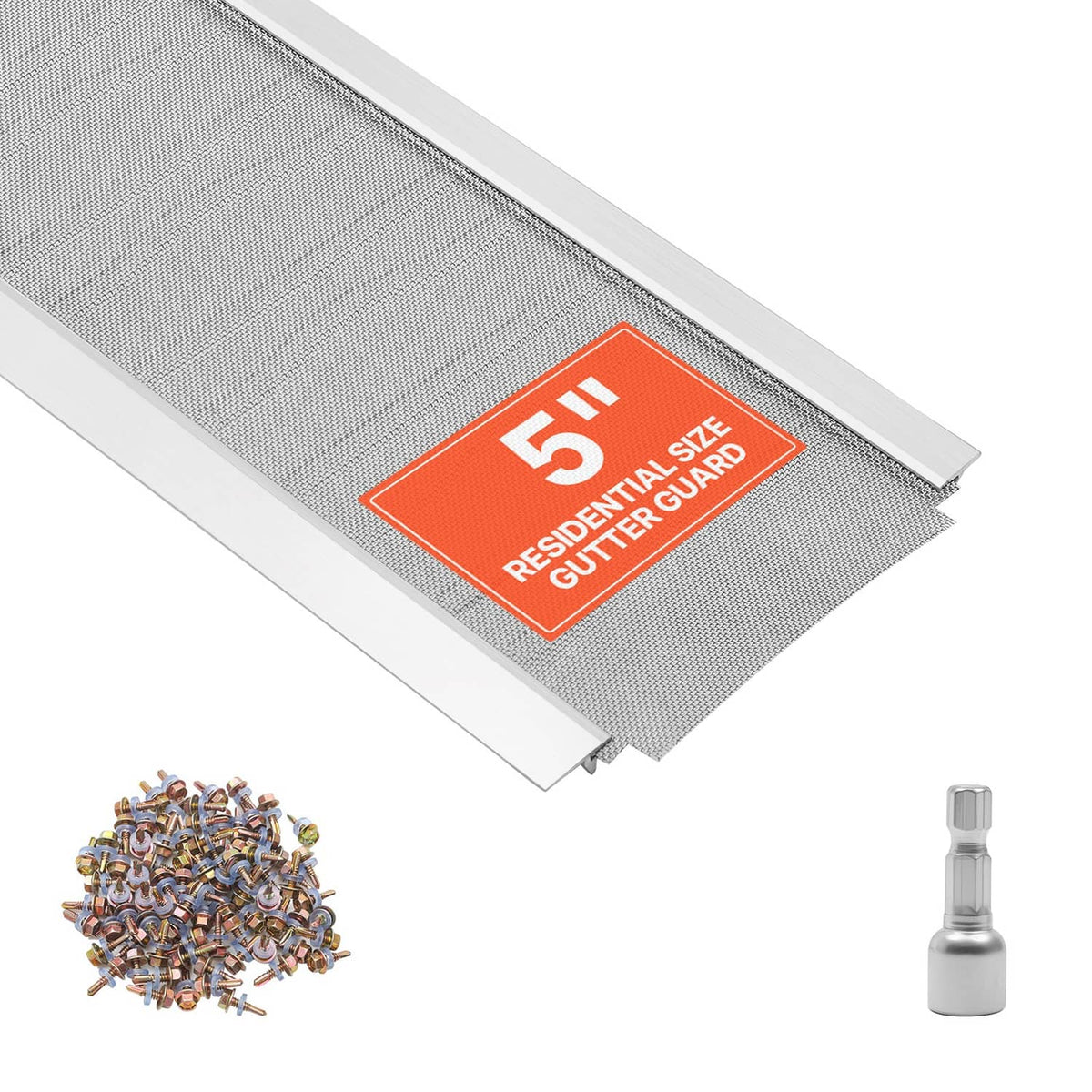 Gray mesh gutter leaf guard with 5-inch channel fit, plus screws and hardware