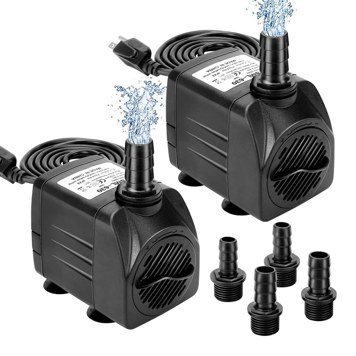 Black submersible water pump set with hoses and threaded outlet fittings, 2-pack