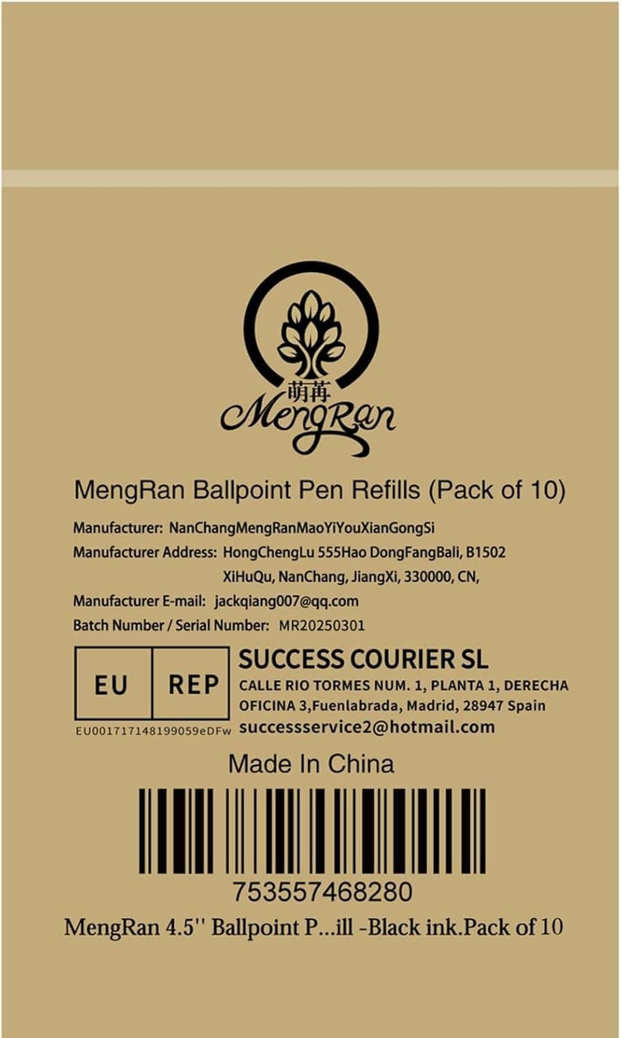 Ballpoint pen refill pack label with black ink info and barcode; 10-pack