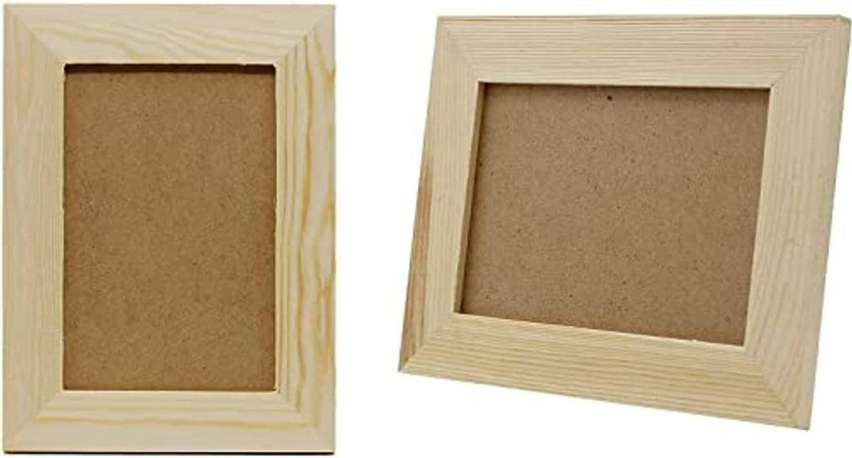 Unfinished pine wood picture frames, two angles showing kraft backing openings
