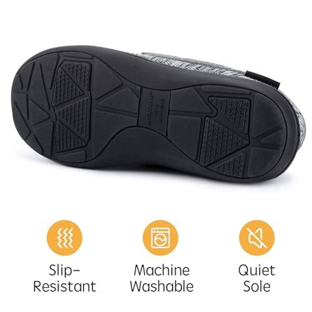 Men's tweed moc slippers outsole view with rugged tread for slip-resistant traction