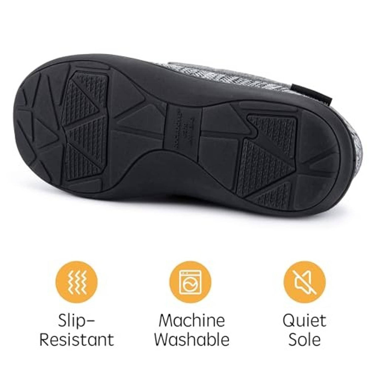 Men's tweed moc slippers outsole view with rugged tread for slip-resistant traction