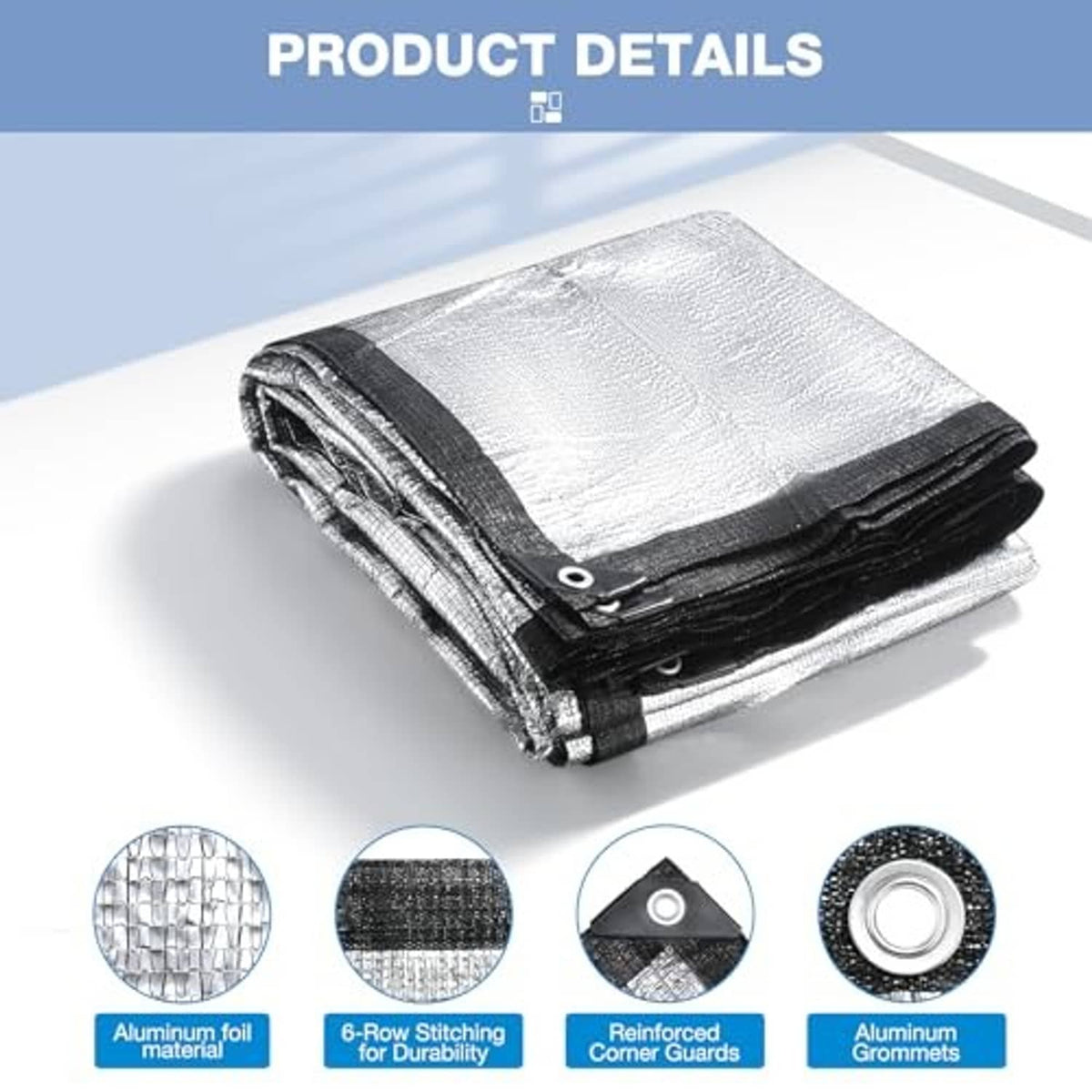Silver aluminet shade cloth folded with black border and metal grommet corner