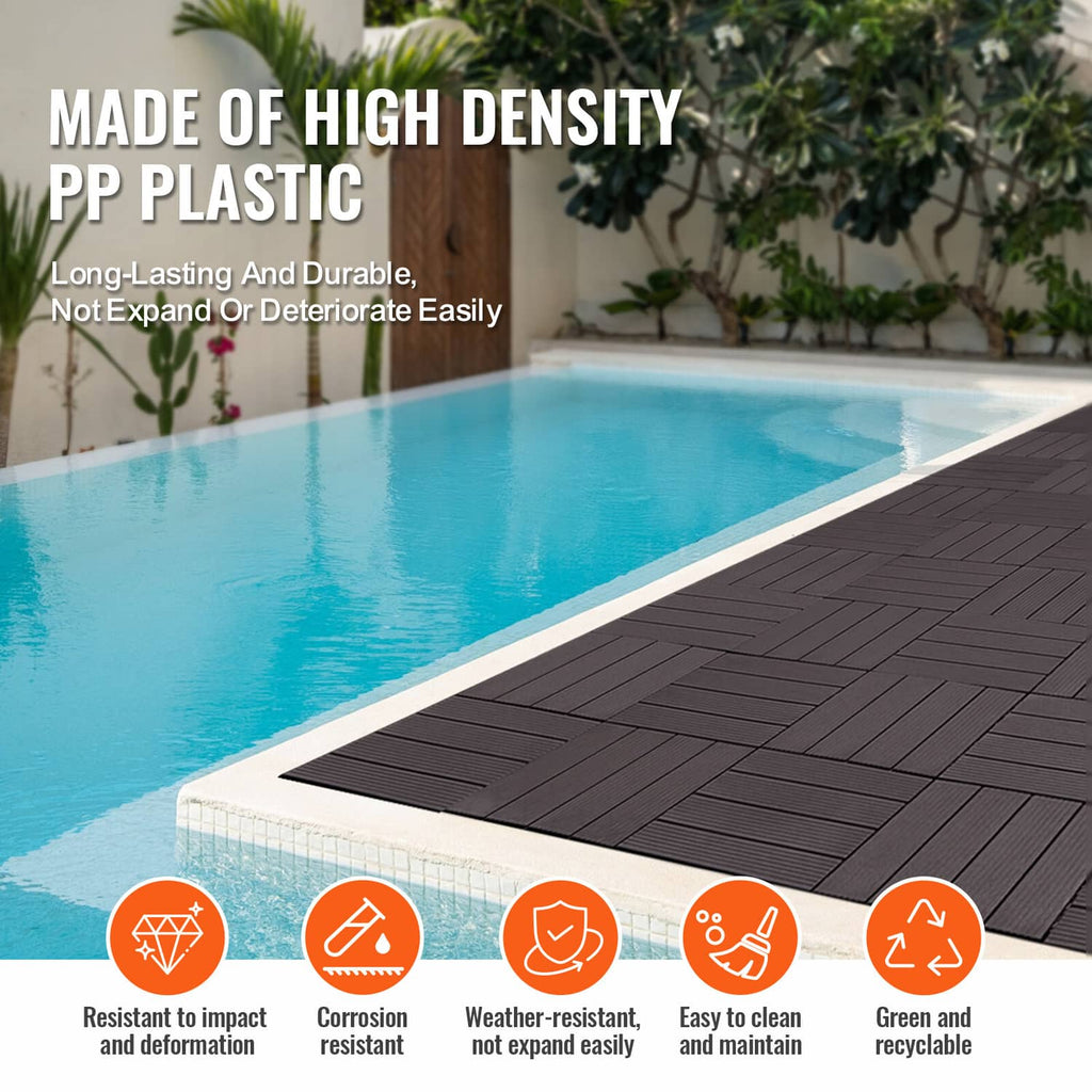 Dark brown interlocking deck tiles with diamond-pattern texture and ridged surface