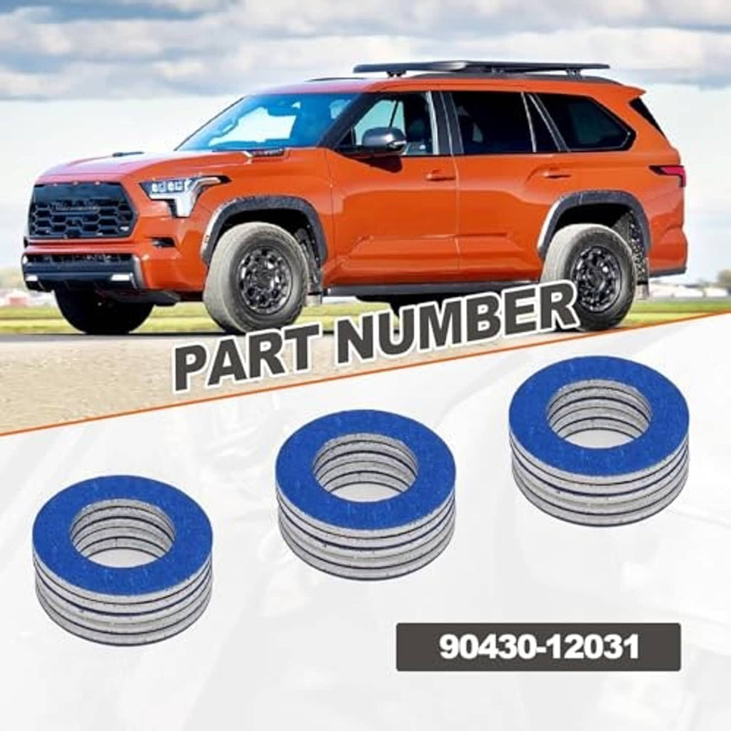 Stacked blue oil drain plug gasket washers, center holes, part 90430-12031