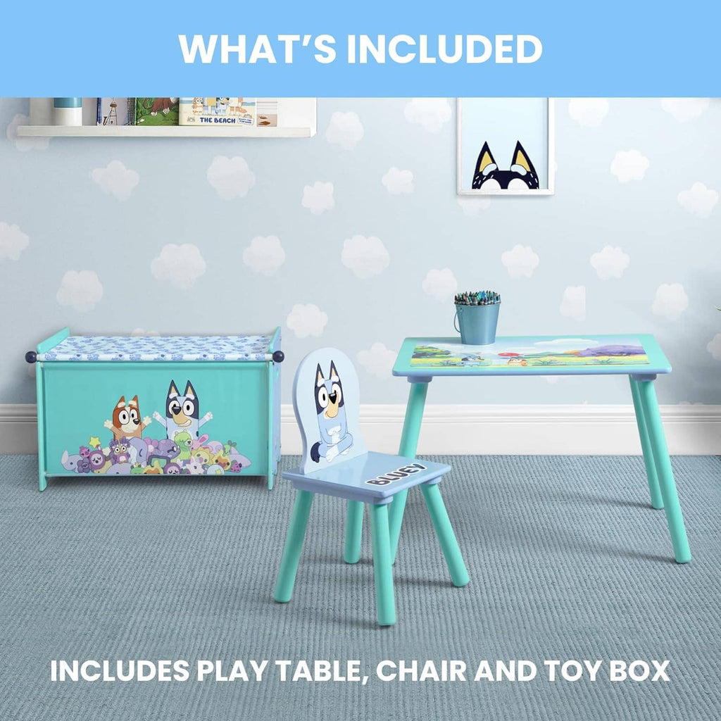 Bluey kids playroom table and chair with teal toy box and character graphics