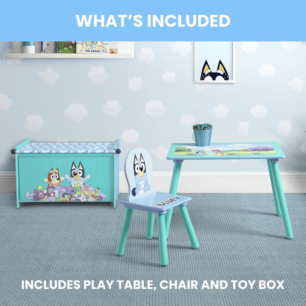 Bluey kids playroom table and chair with teal toy box and character graphics