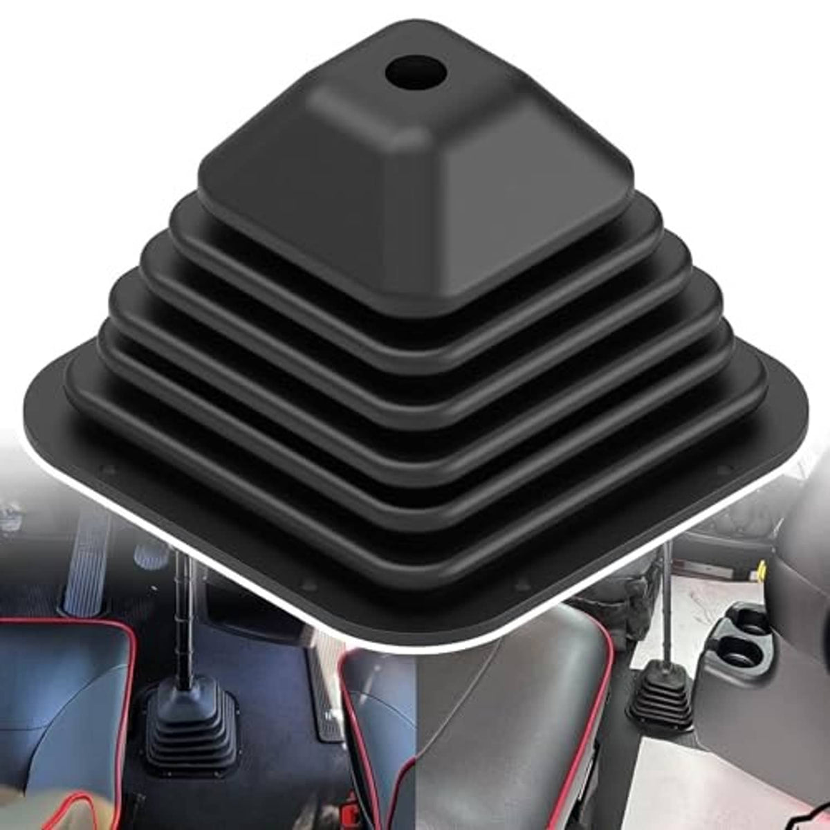 Dark rubber shift boot for the gear lever area, with stacked ridges and top hole
