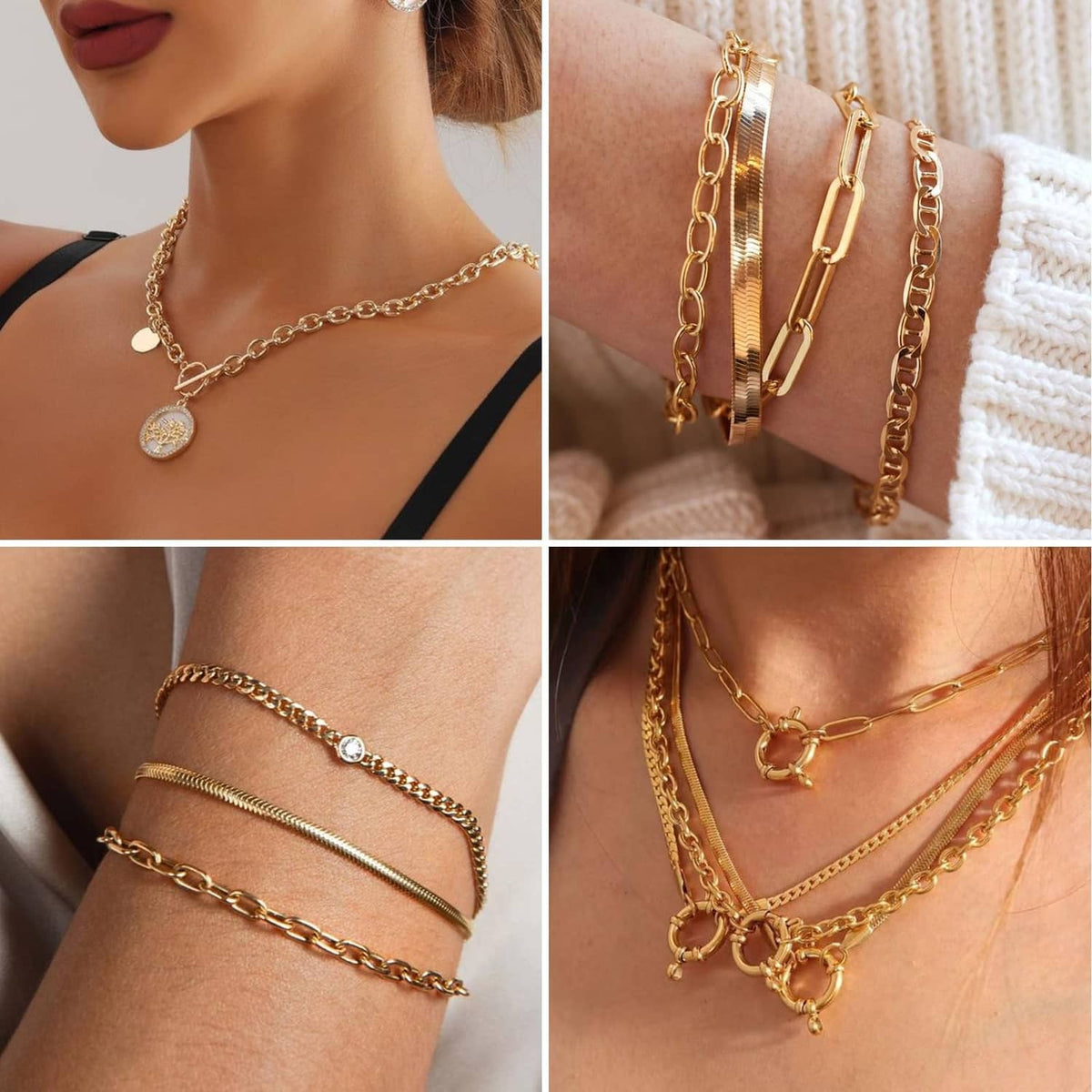 Gold rolo cable chain necklace layered on model, close-up of oval link links