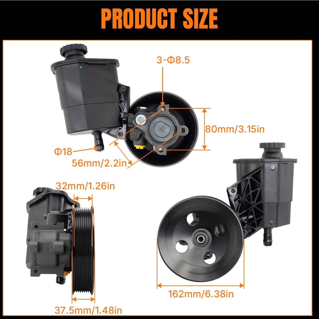 Power steering pump with reservoir size diagram with labeled measurements