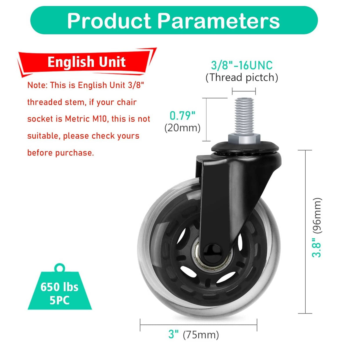 Black 3-inch office chair caster wheel with 3/8-16UNC threaded stem